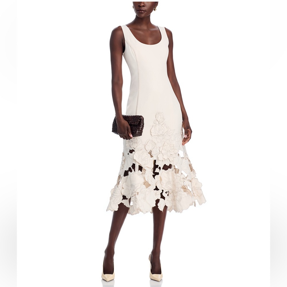 LEO LIN Emily Appliqué Midi Dress Vanilla Size 8 NWT Floral Lace Sleeveless - Picture 2 of 9